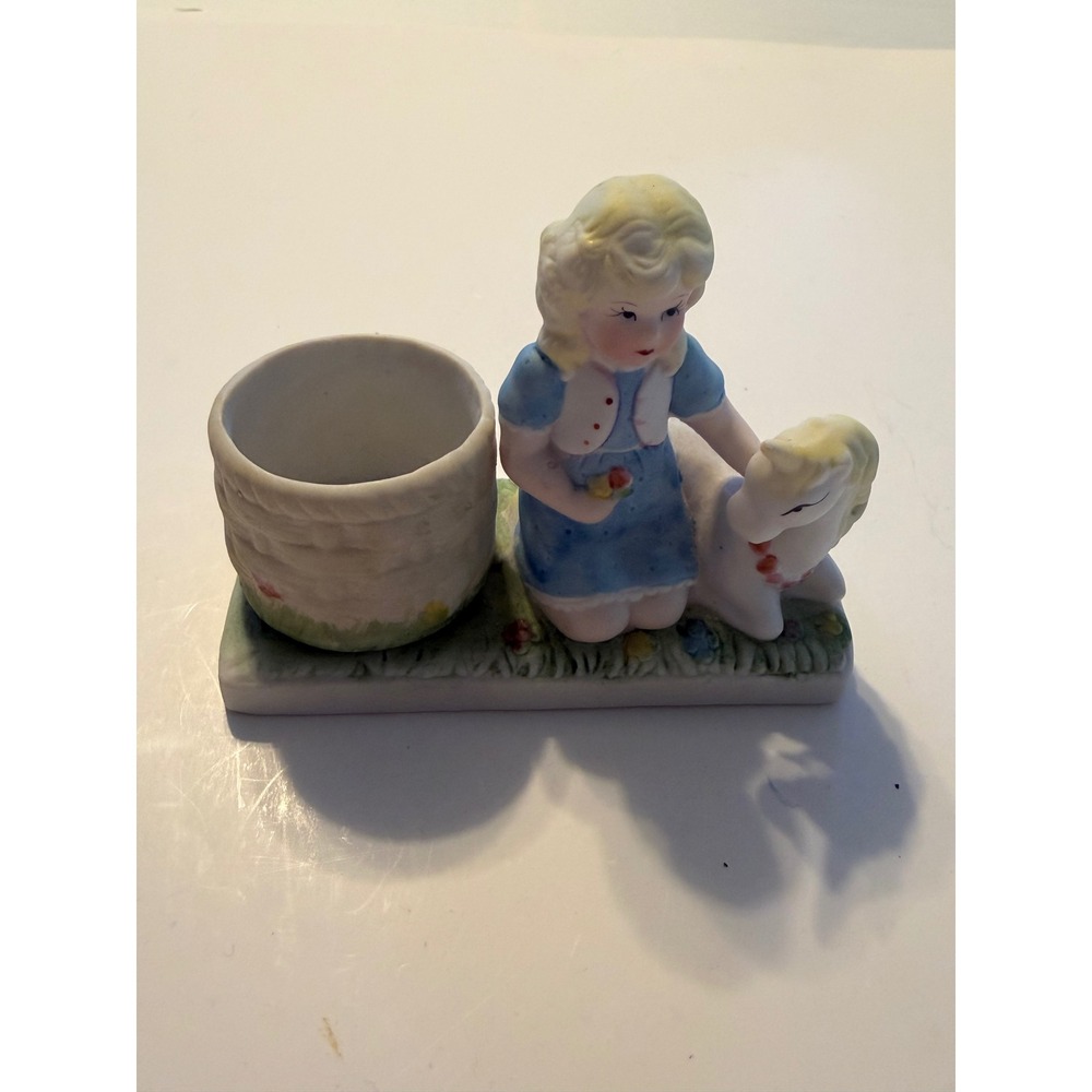 Vintage Ceramic Girl Unicorn Basket Holder Figurine 1985 WA‎ Made in Taiwan ROC